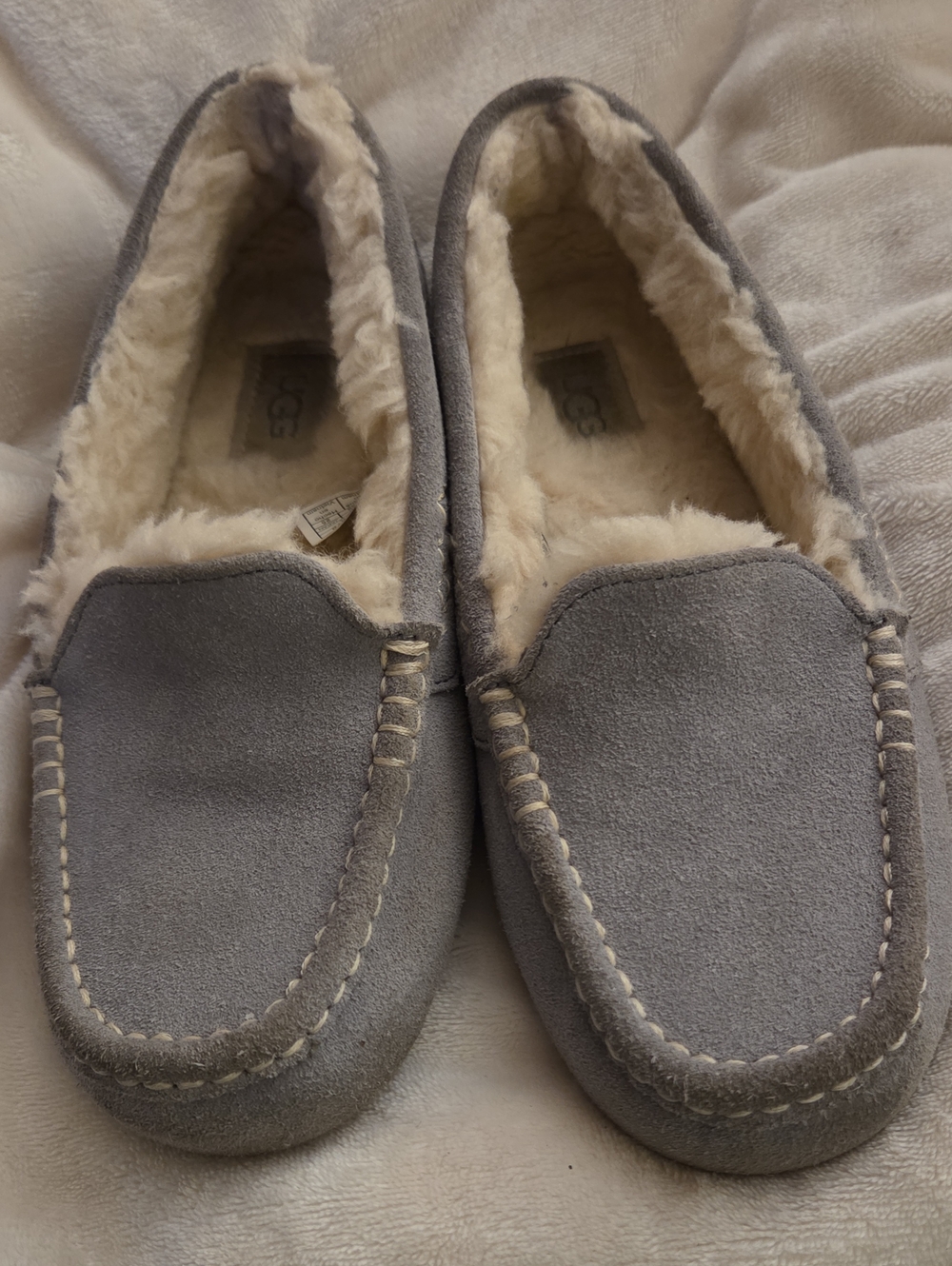 UGG Grey Suede Moccasin Slipper with Shearling Lining - Picture 4 of 11